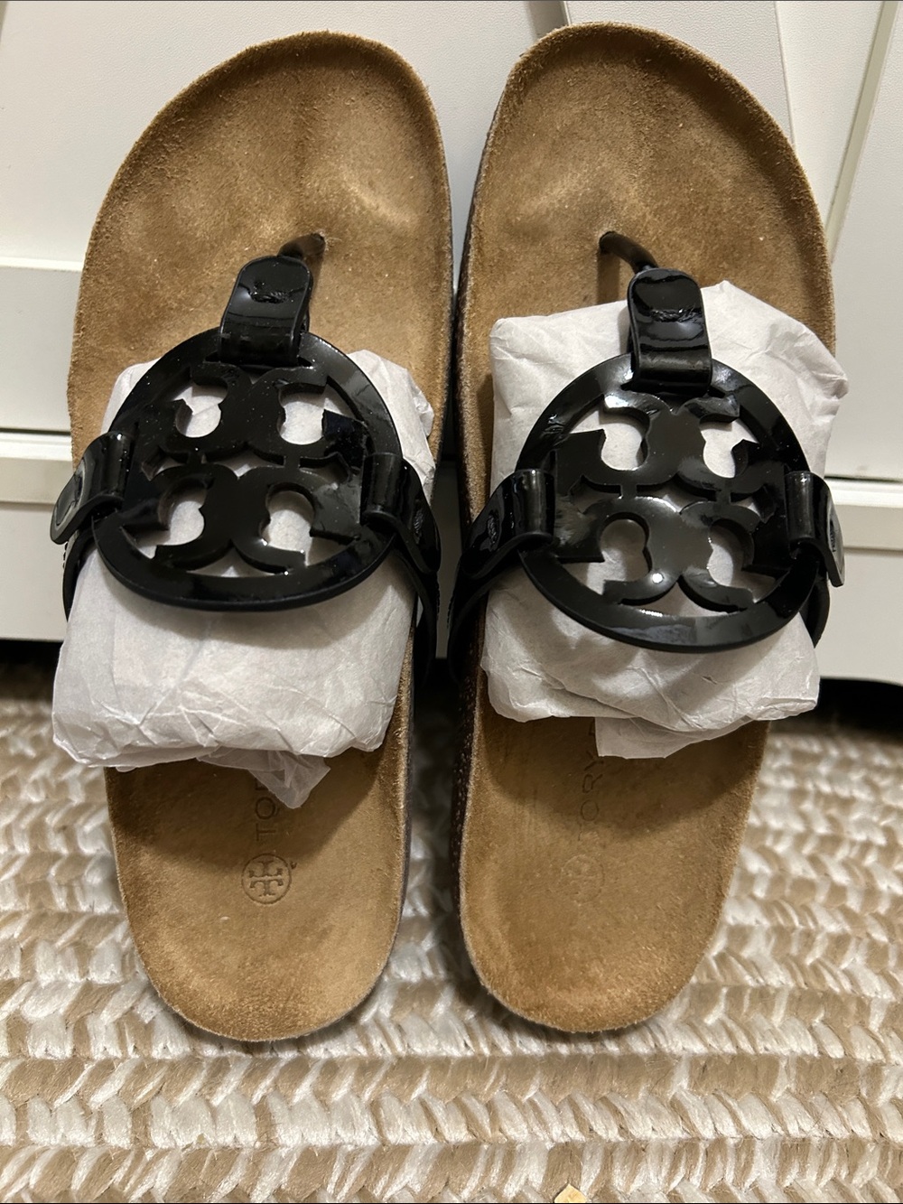 Tory Burch Black Patent Logo Toe-Post Sandals
